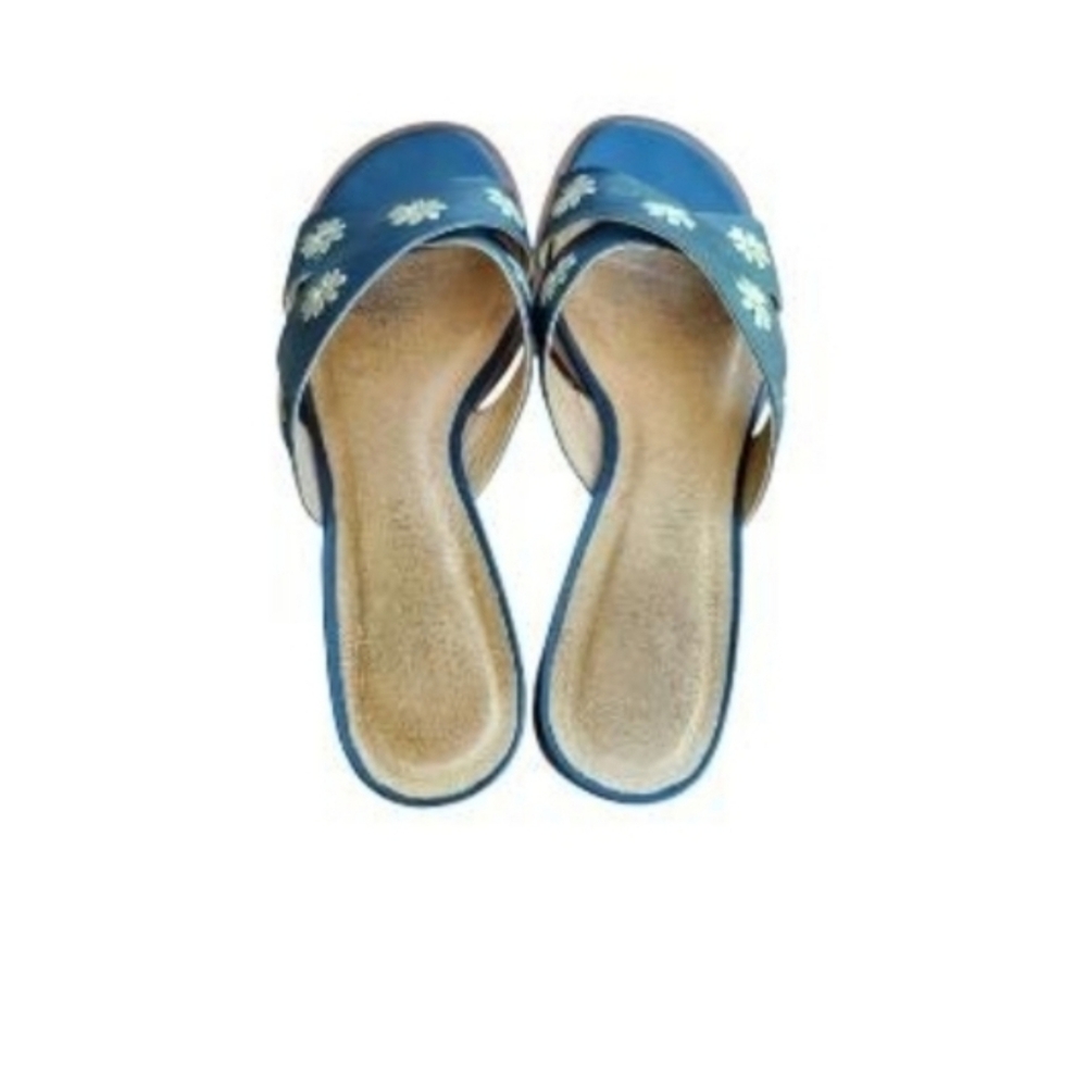Jack Rogers Navy Blue Tan Leather Daisy Flower Slip On Slide Sandal Women Shoe 8 - Picture 4 of 10